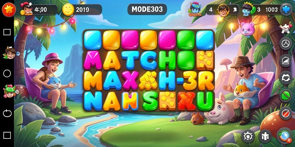 Tangkapan layar utama MODE303 menunjukkan gameplay seru dengan permata berwarna-warni.