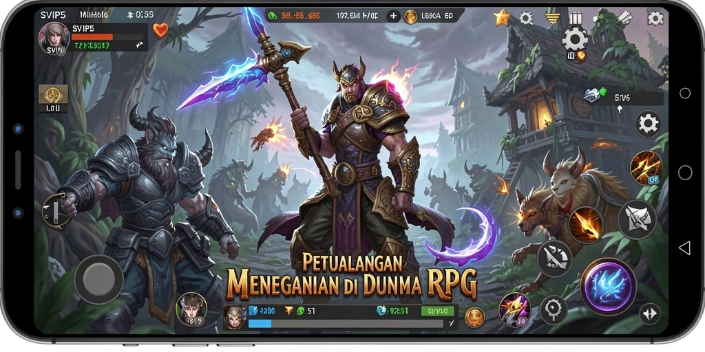 Screenshot gameplay SVIP5 menampilkan aksi pertarungan RPG yang intens.