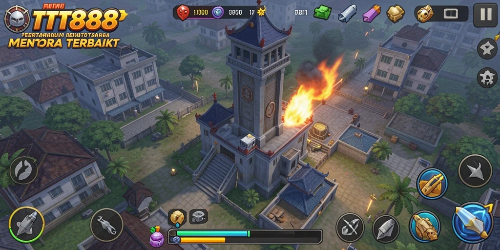 Screenshot gameplay TTT888 menampilkan pertahanan menara yang epik.